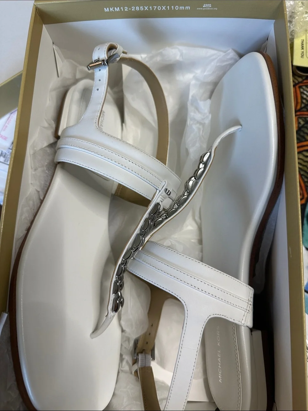 Michael Kors White Leather T-Strap Sandals with Silver Chain Detail
